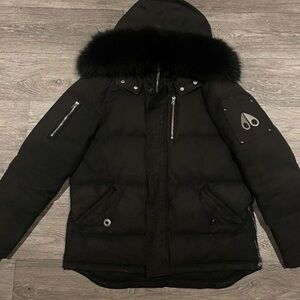 Moose Knuckles Black Puffer Jacket with Fur Hood